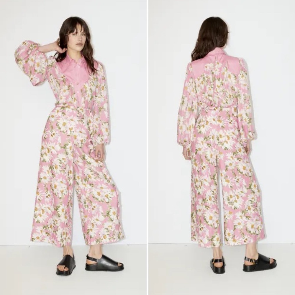 ALEMAIS Maia Linen Pants Sz 0 Pink White Floral Wide Leg Side Button Chic Flowy